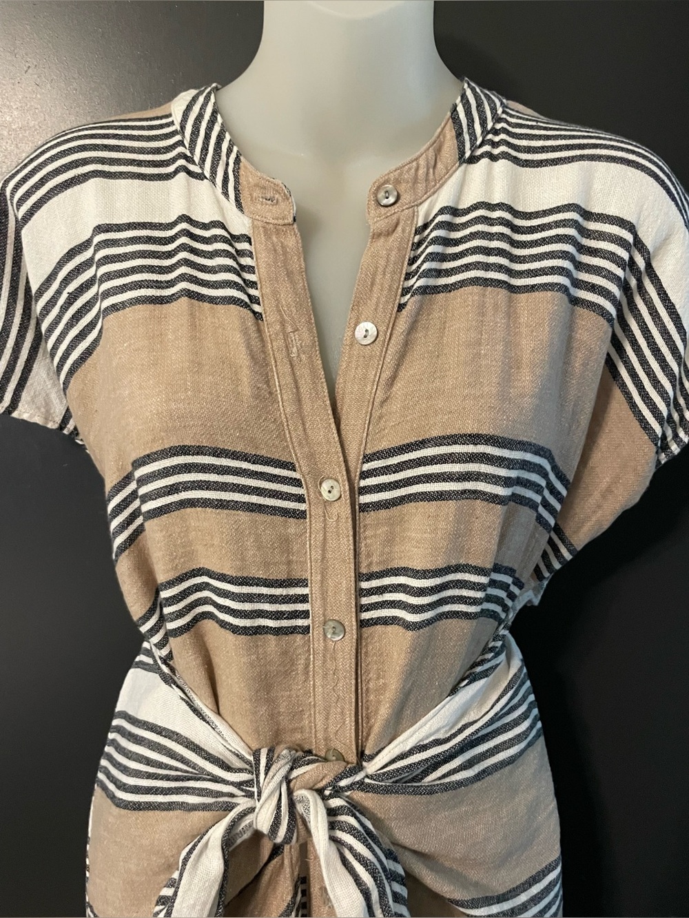 Uncle Frank XS Linen Blend Striped Wrap Waist Shirt Dress Beige Made in USA - Picture 2 of 8